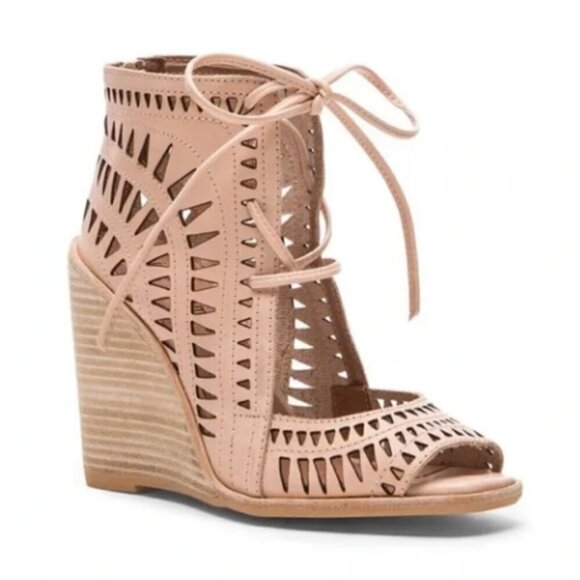 JEFFREY CAMPBELL Tan Suede Rodillo HiWedge Peep Toe Laser Cut Laced Sandals - Picture 2 of 9